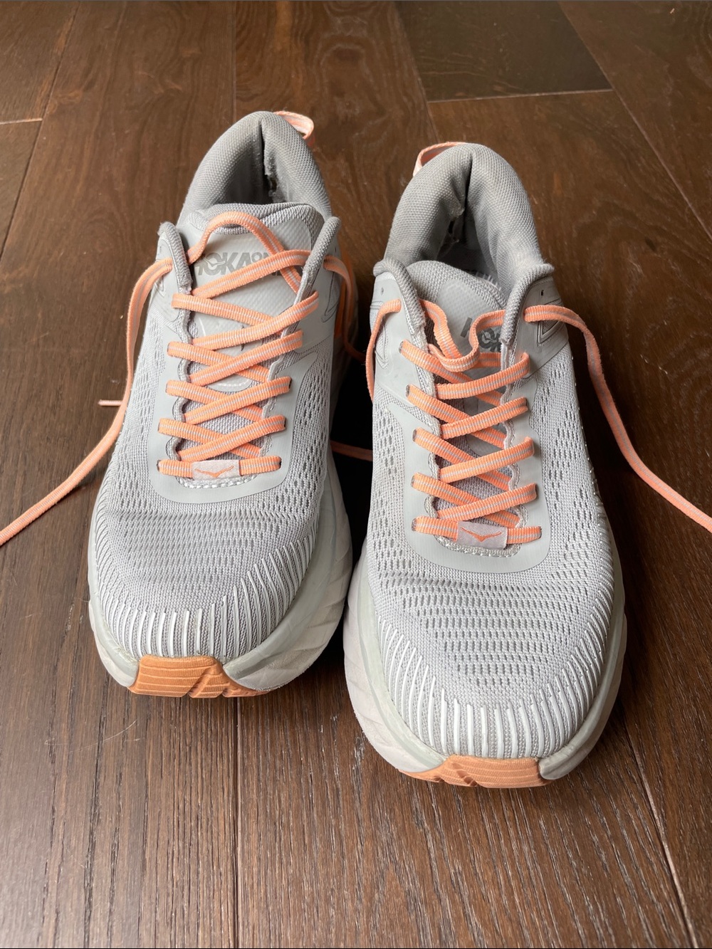Hoka Women's Light Gray and Peach Athletic Running Shoes - Picture 2 of 7